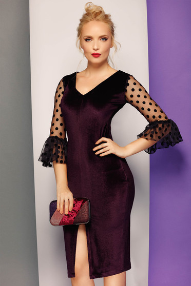 Rochie Fofy visinie de ocazie tip creion din catifea cu decolteu in v