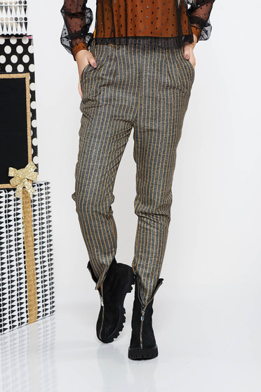 Pantaloni Fofy mustarii office conici cu talie inalta din stofa neelastica cu buzunare