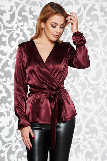 Bluza dama StarShinerS visinie eleganta cu croi larg din material satinat accesorizata cu cordon cu decolteu in v