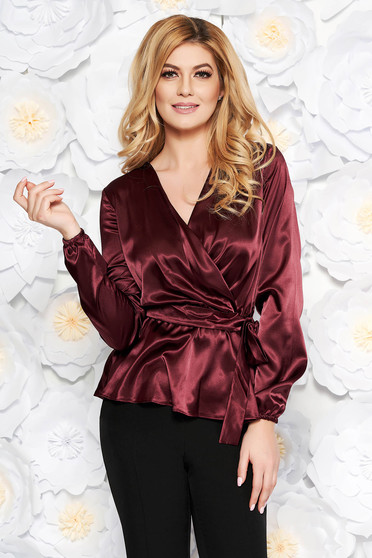 Bluza dama StarShinerS visinie eleganta cu croi larg din material satinat accesorizata cu cordon cu decolteu in v