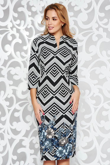 Rochie neagra office midi din bumbac neelastic cu decolteu in v