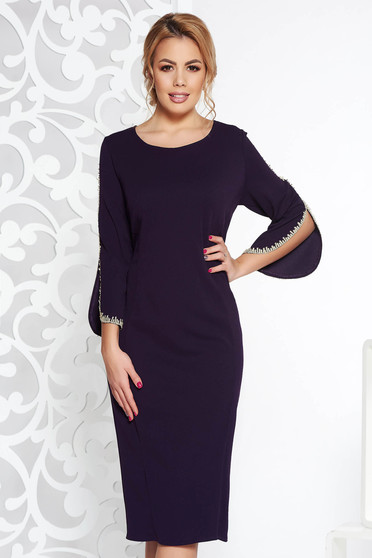 Rochie mov eleganta midi tip creion din material elastic cu insertii de broderie