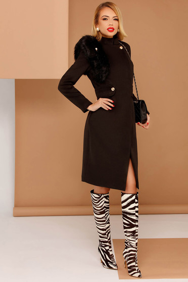 Palton PrettyGirl negru elegant din stofa neelastica captusit pe interior cu insertii cu blana ecologica