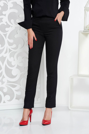 Pantaloni Fofy negri office conici cu talie medie din stofa usor elastica cu buzunare