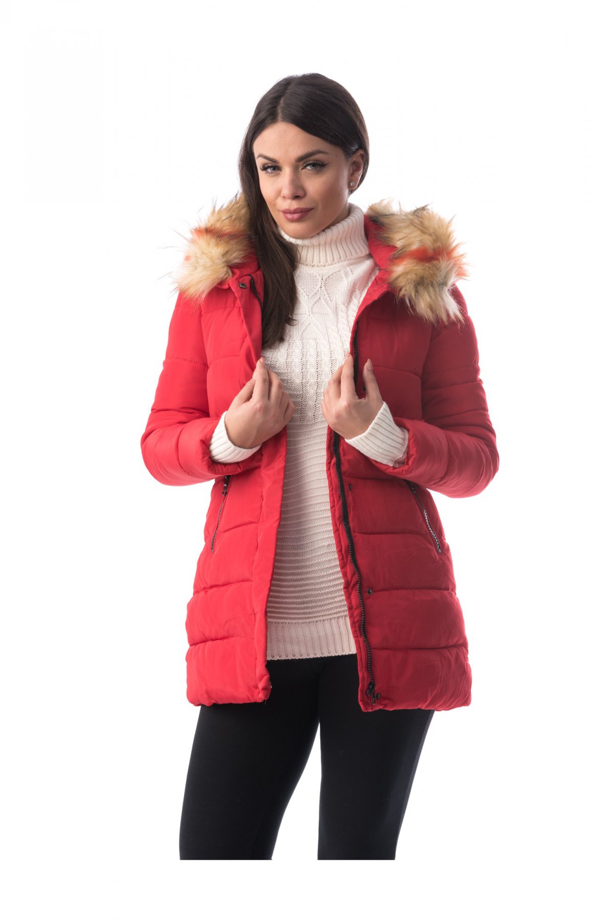 Geaca rosie din fas captusita pe interior accesorizata cu blana ecologica