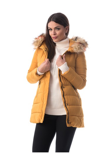 Geaca mustarie din fas captusita pe interior accesorizata cu blana ecologica