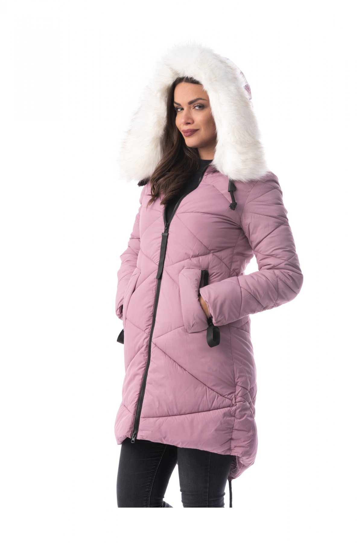 Geaca rosa casual din fas captusita pe interior accesorizata cu blana ecologica cu buzunare