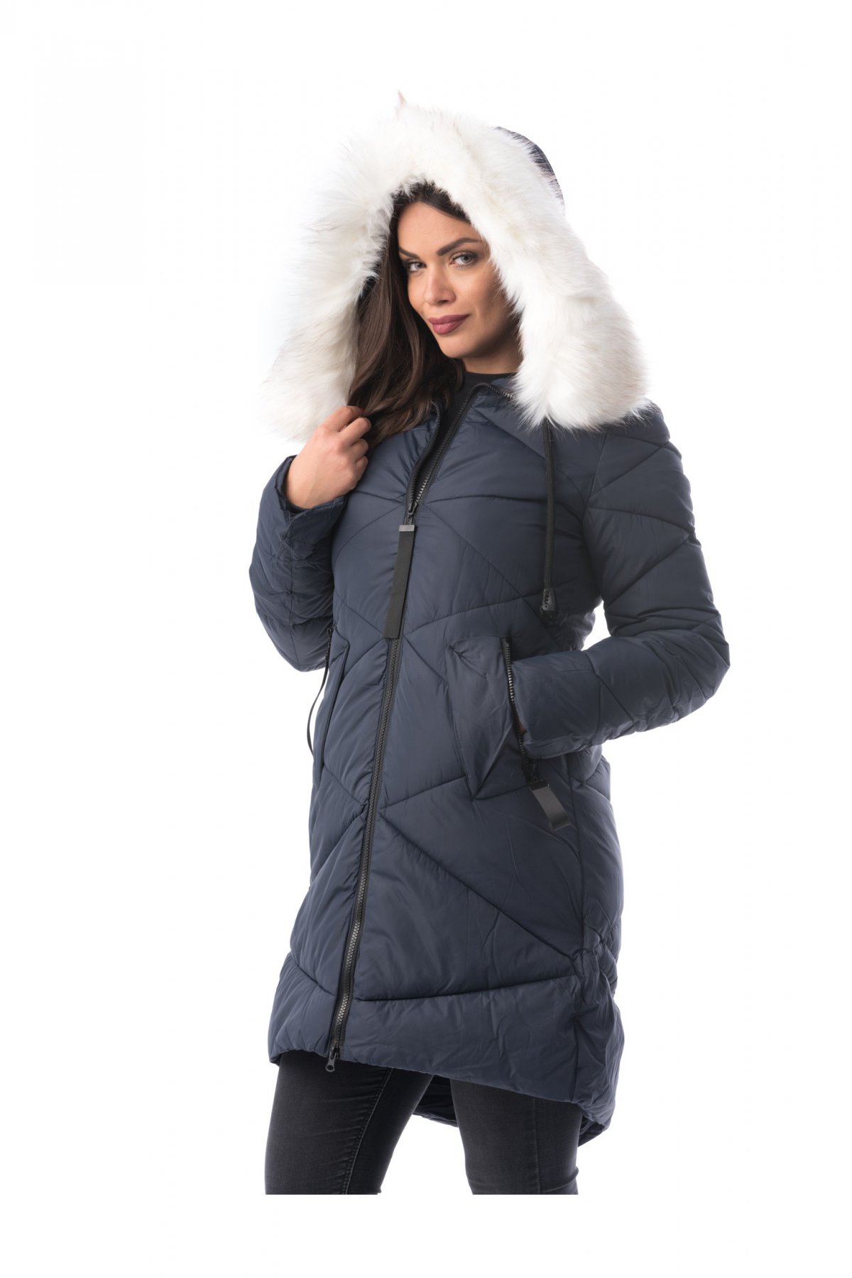 Geaca albastra-inchis casual din fas captusita pe interior accesorizata cu blana ecologica cu buzunare