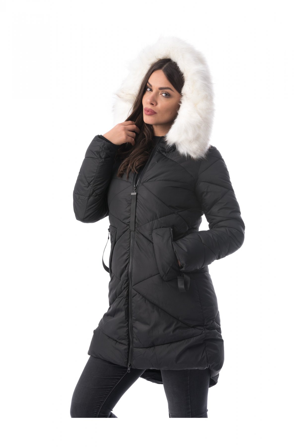 Geaca neagra casual din fas captusita pe interior accesorizata cu blana ecologica cu buzunare