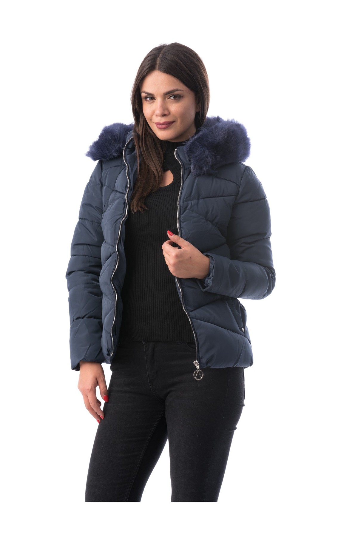 Geaca albastra-inchis casual din fas captusita pe interior accesorizata cu blana ecologica