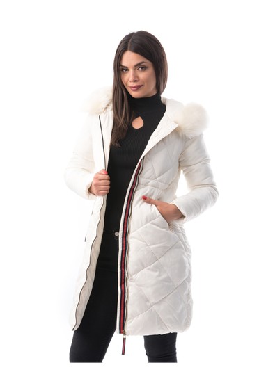 Geaca alba casual din fas captusita pe interior accesorizata cu blana ecologica