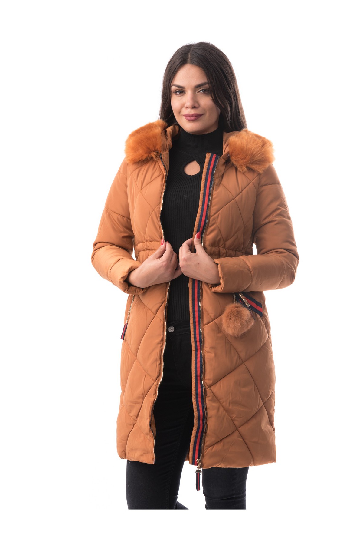 Geaca caramizie casual din fas captusita pe interior accesorizata cu blana ecologica