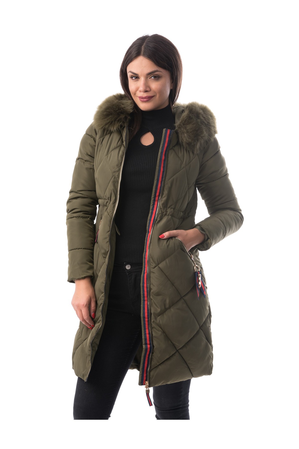 Geaca khaki casual din fas captusita pe interior accesorizata cu blana ecologica