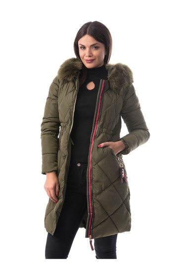 Geaca khaki casual din fas captusita pe interior accesorizata cu blana ecologica