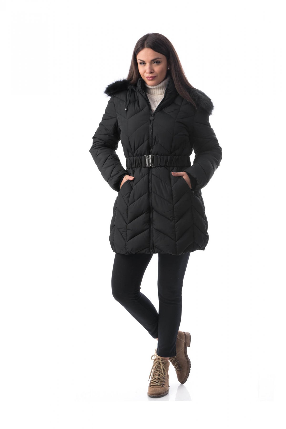Geaca neagra casual din fas captusita pe interior cu accesoriu tip curea si blana ecologica