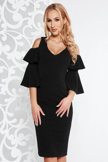Rochie neagra de ocazie tip creion din material elastic cu fir lame captusita pe interior cu umeri decupati