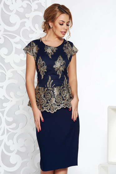 Rochie albastra-inchis de ocazie tip creion cu peplum din bumbac usor elastic cu aplicatii cu paiete