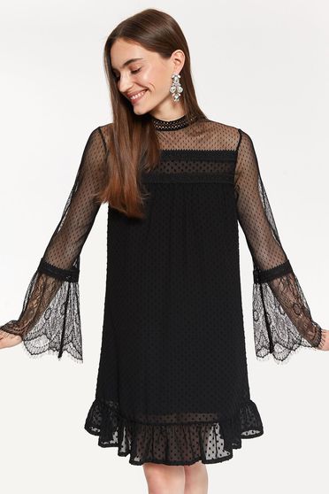 Rochie Top Secret neagra de ocazie cu maneca lunga din tul cu un croi drept cu aplicatii de dantela