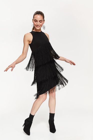 Rochie Top Secret neagra de ocazie asimetrica cu un croi mulat cu franjuri