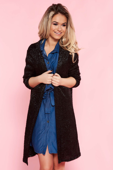 Cardigan Top Secret negru casual cu croi larg din material tricotat cu maneci lungi