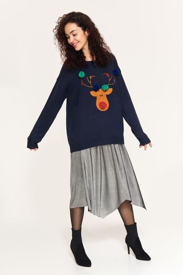 Pulover Top Secret albastru-inchis casual cu croi larg din material tricotat cu ciucuri