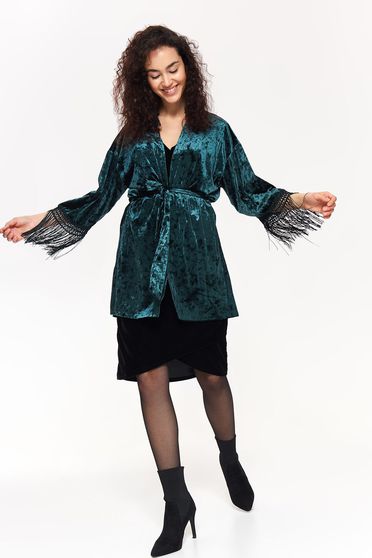 Sacou Top Secret verde cu croi larg din catifea cu franjuri accesorizat cu cordon