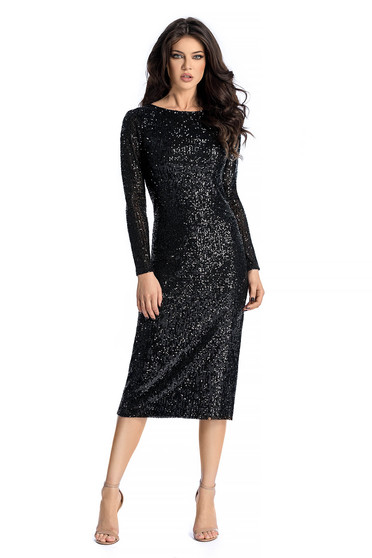 Rochie Ana Radu neagra de ocazie tip creion cu maneca lunga cu aplicatii cu paiete