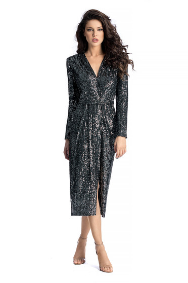 Rochie Ana Radu neagra de ocazie in clos cu paiete cu decolteu in v accesorizata cu cordon