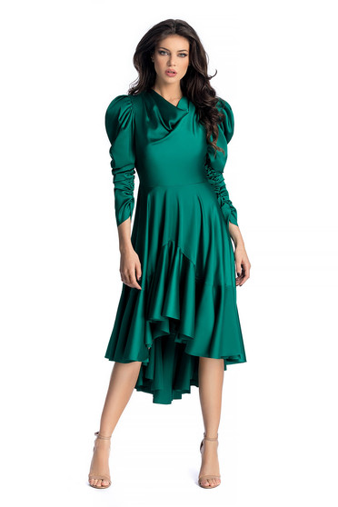 Rochie Ana Radu verde-inchis de lux asimetrica din material satinat cu maneci bufante cu volanase la baza rochiei