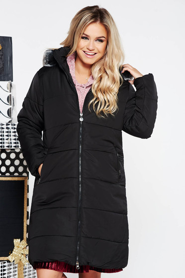 Geaca SunShine neagra casual din fas captusita pe interior accesorizata cu blana ecologica si buzunare