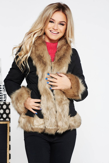 Geaca SunShine neagra casual scurta din fas captusita pe interior cu insertii cu blana ecologica
