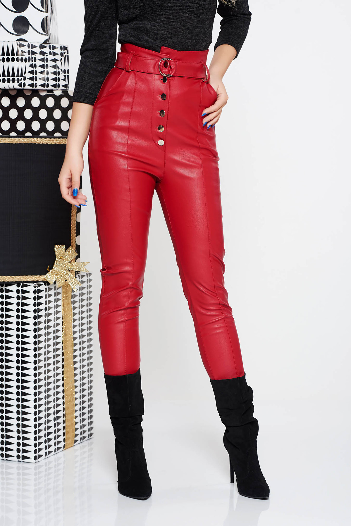 Pantaloni SunShine rosii casual cu talie inalta din piele ecologica accesorizati cu cordon