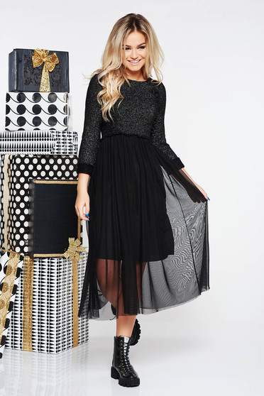 Rochie SunShine neagra casual midi din material tricotat cu fir lame si tul captusita pe interior