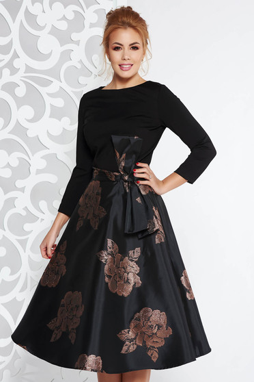 Rochie Artista maro de ocazie midi in clos captusita pe interior accesorizata cu o fundita