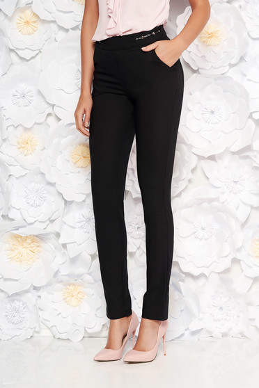 Pantaloni Fofy negri office conici cu talie medie din stofa usor elastica cu buzunare si aplicatii metalice