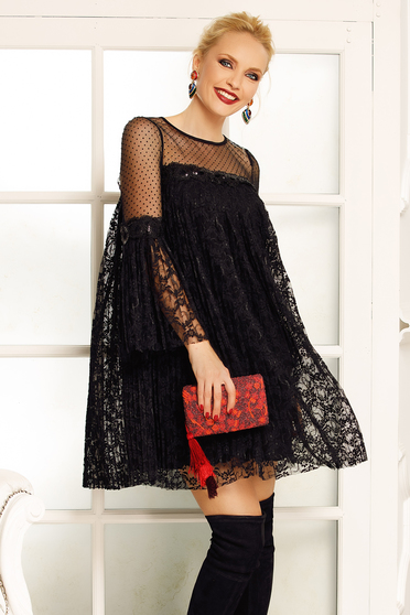 Rochie Fofy neagra de ocazie cu croi larg din dantela captusita pe interior cu maneci clopot