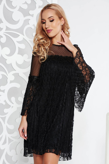 Rochie Fofy neagra de ocazie cu croi larg din dantela captusita pe interior cu maneci clopot