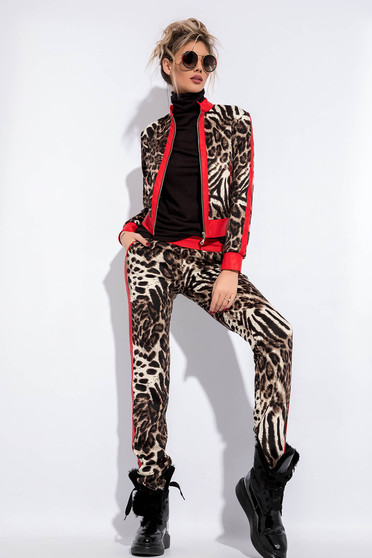 Set maro casual cu un croi mulat din scuba cu animal print cu elastic in talie