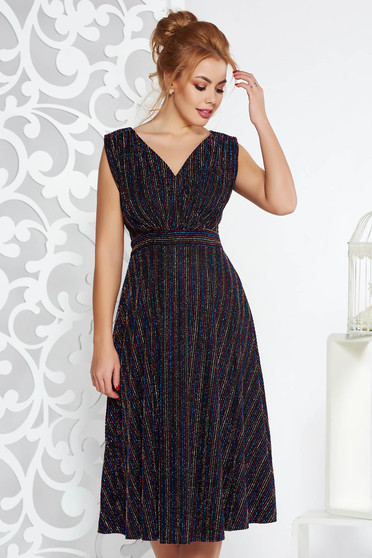 Rochie neagra de ocazie midi in clos din tesatura metalica cu luciu captusita pe interior cu decolteu in v
