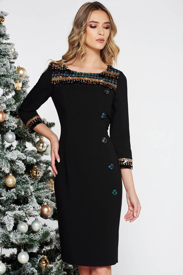Rochie neagra eleganta midi tip creion din stofa neelastica captusita pe interior cu aplicatii cu paiete