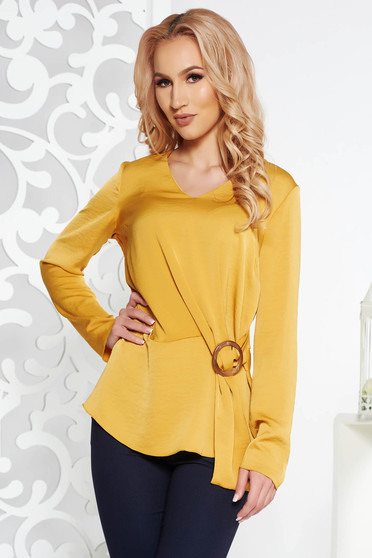 Bluza dama StarShinerS mustarie eleganta cu croi larg din material satinat cu maneci lungi
