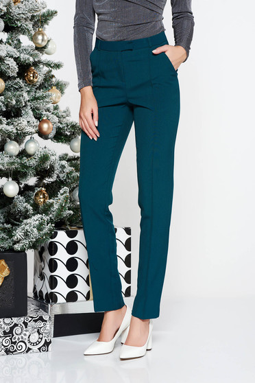 Pantaloni StarShinerS verde inchis office conici cu talie medie din stofa usor elastica cu buzunare