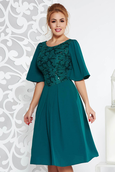 Rochie verde-inchis de ocazie in clos din stofa usor elastica captusita pe interior cu aplicatii cu paiete