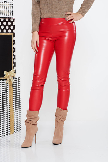 Colanti PrettyGirl rosu casual cu un croi mulat cu talie medie din piele ecologica cu elastic in talie