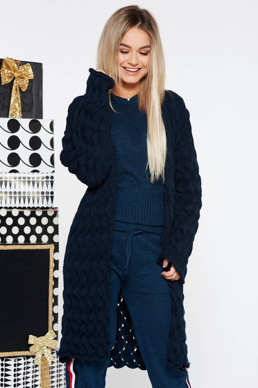 Cardigan SunShine albastru-inchis casual cu croi larg tricotat din bumbac