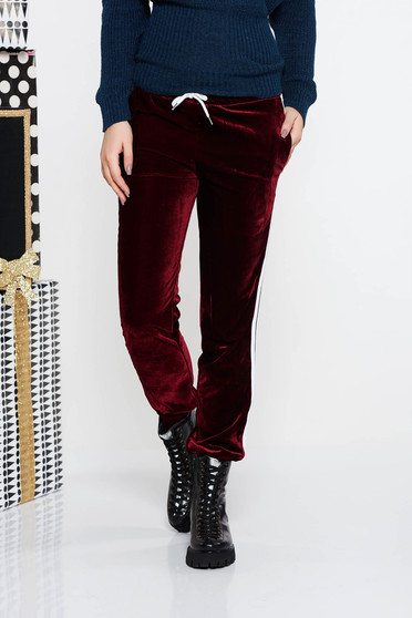 Pantaloni SunShine visinii casual cu talie medie din catifea cu buzunare cu elastic in talie