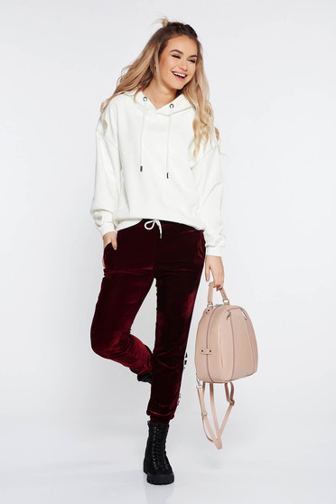 Pantaloni SunShine visinii casual cu talie medie din catifea cu buzunare cu elastic in talie