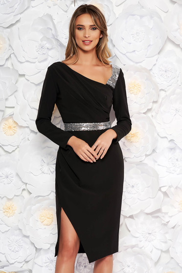Rochie neagra de ocazie midi tip creion din stofa usor elastica captusita pe interior accesorizata cu cordon
