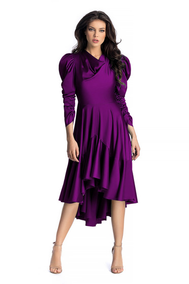 Rochie Ana Radu mov de lux asimetrica din material satinat cu maneci bufante cu volanase la baza rochiei