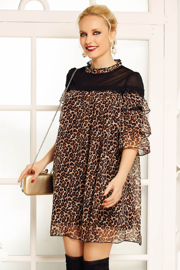 Rochie Fofy maro de party cu croi larg din voal cu animal print captusita pe interior cu volanase